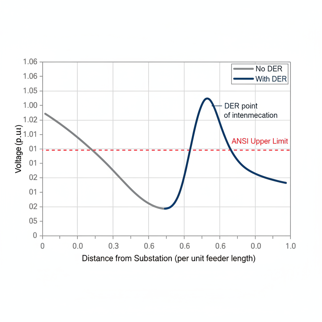 Feeder voltage profile with and without DER. The horizontal axis is distance from the substation in per unit of feeder length and the vertical axis is voltage in per unit. Without DER the voltage declines monotonically toward the feeder.