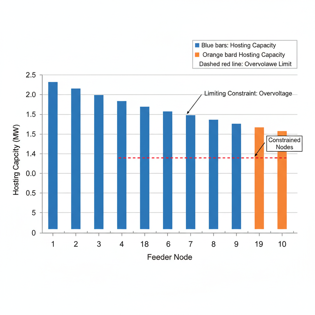 Hosting capacity by feeder node. The horizontal axis identifies the feeder node and the vertical axis is the maximum DER capacity in megawatts that can be accommodated before a limit is violated. The dashed line marks the binding.